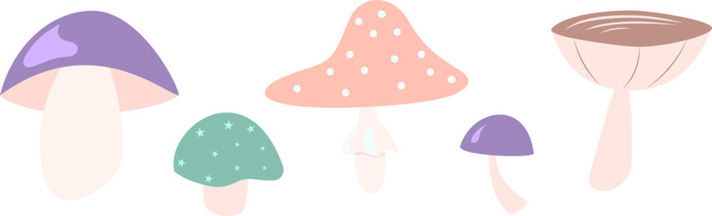 Vector set of stylized mushrooms in a flat, whimsical style, pastel colors. Perfect for forest-themed designs, children’s projects, packaging, stickers, and botanical illustrations.