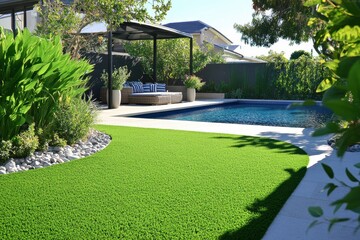 Lush artificial grass enhances a modern backyard with a stunning pool and cozy lounging area for relaxation and enjoyment