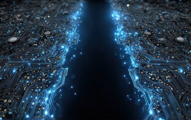 HD abstract tech background, deep blue base with separated circuit lines, minimalist white space design, perfect for UI elements.