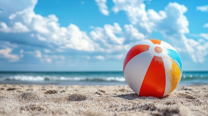 A colorful beach ball on a sandy beach with a blue sky and white clouds in the background.