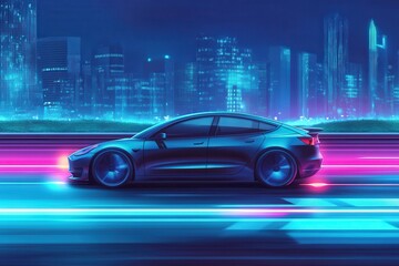 Fototapeta premium Electric car cruising down a futuristic highway illuminated by neon lights amid a bustling city skyline at night