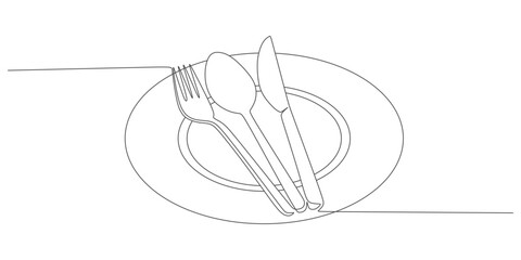 Minimal Line Art of Tableware on Plate – One Line Drawing of Fork, Spoon, and Knife Arrangement