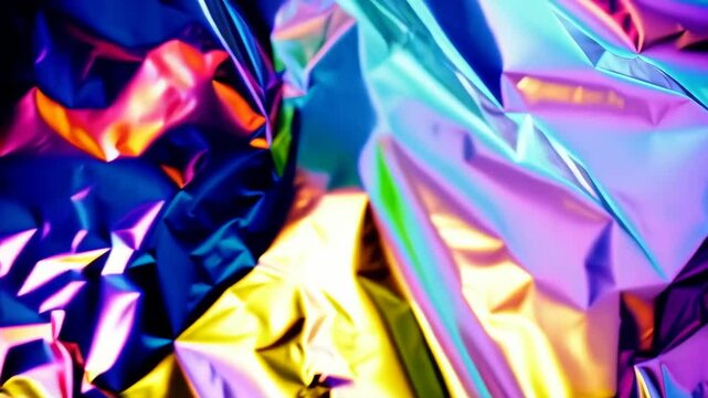 Iridescent crumpled foil texture, rainbow colors, abstract background, shiny surface, blue, pink, purple, yellow, gold, green tones, folds and creases