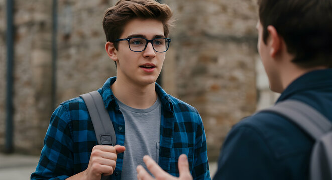 Two young men having a conversation outdoors friendship college students casual discussion backpack urban setting
