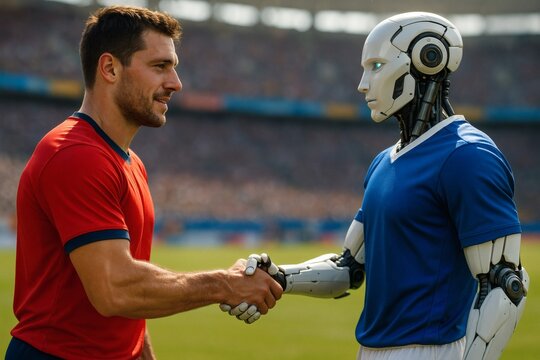 Human and Robot Teammates Shaking Hands on Stadium Field in Sports Jerseys AI Collaboration Concept