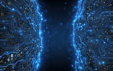 Deep blue vector technology background with symmetrical circuit lines and white space, abstract circuit pattern HD detail, ideal for digital displays.