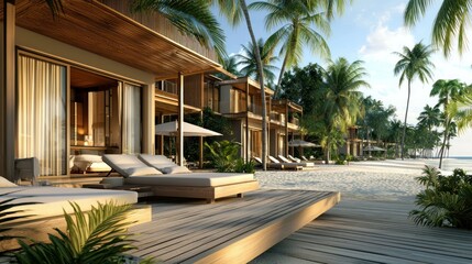 A luxurious beachfront villa with wooden balconies and palm trees, set against a backdrop of the ocean and a clear sky.