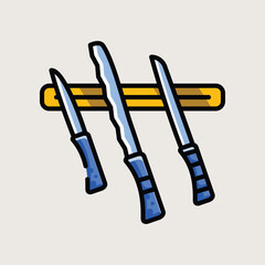 Set of Sharp Kitchen Knives Hanging on Wall Rack in Modern Flat Style Illustration