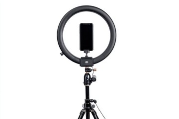 Fototapeta premium Ring light with phone on tripod stand