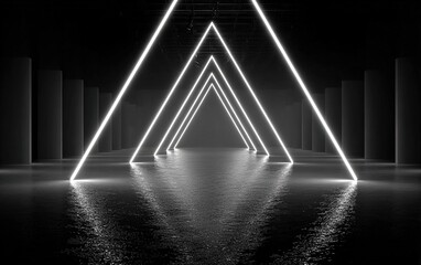 Minimalist abstract background: black floor reflecting neon white light, symmetrical triangle lines symbolizing open area, high detail composition with beams forming geometric pattern.