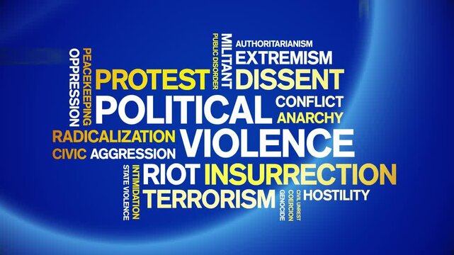 Political Violence animated word cloud;text design animation tag kinetic typography seamless loop.