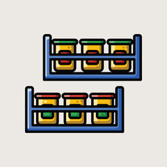  Shelf with Assorted Kitchen Spices and Seasoning Jars in Modern Flat Icon Design