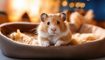 Cute Hamster Expressing Curiosity on Plush Bedding in Cozy Habitat, Capturing a Snapshot of Furry Friendliness and Comfortable Tranquility in a Homely Nest.