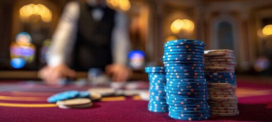 The vibrant display of stacked poker chips in an upscale casino setting.