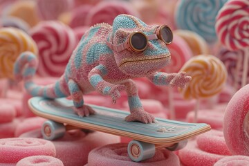 A funky chameleon in spy goggles riding a hoverboard over a maze of giant lollipops, color-changing antics.