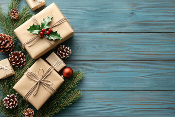 Christmas gift presents surrounded by pinecones and holly leaves rustic wooden background holiday decor cozy atmosphere aesthetic viewpoint festive concept
