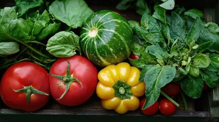 Wooden crate filled with various fresh vegetables. on the left side of the crate, there are two large red tomatoes with green leaves. next to them, there is a green zucchini and a yellow bell pepper.