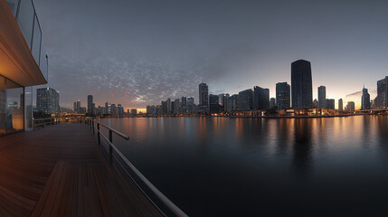 stunning urban skyline dusk, reflecting calm water, showcasing modern architecture and vibrant