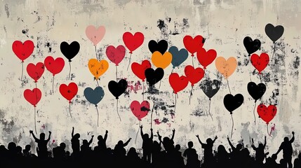 celebratory gathering: a poster showcasing achievements in social progress, joyful interactions, and hope for a brighter future