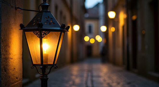 Romantic Evening Stroll Cozy Old Town European Street Lamp Light