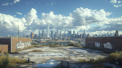 Fototapeta premium Urban skyline view with graffiti and clouds, showcasing blend of nature and city life