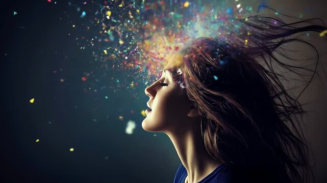 Profile Portrait of Woman with Exploding Confetti Brain on Dark Backdrop Conceptualizing Creativity Intelligence and Imagination in Vibrant Colors