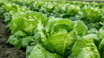 Row of large, green lettuce plants growing in a field. the plants are arranged in neat rows and appear to be healthy and well-maintained.