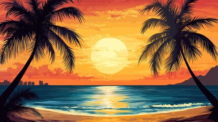 Two palm trees silhouetted against a vibrant orange and yellow sunset sky, with the sun setting over the ocean and mountains in the distance.