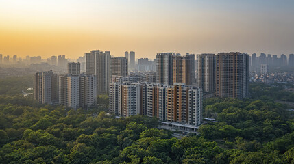 Urban skyline sunset with high rise buildings surrounded by greenery, creating serene atmosphere