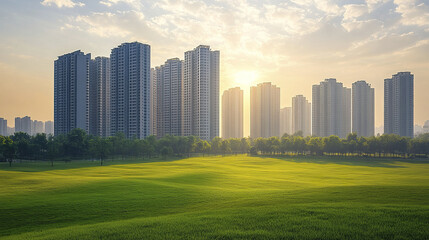 Obraz premium serene landscape featuring high rise buildings against vibrant sunset, surrounded by lush