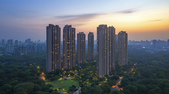Highrise buildings in Greater Noida at sunset, surrounded by lush greenery and city lights