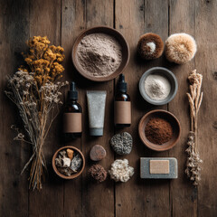 Natural cosmetic products arranged in earthy tones on wooden surface, featuring various textures and materials. composition evokes sense of calm and connection to nature