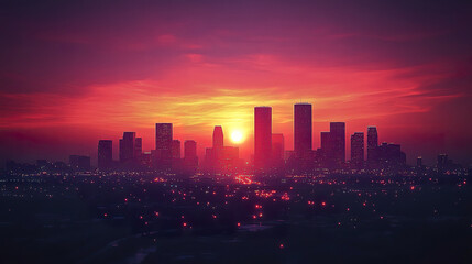Fototapeta premium stunning sunset over city skyline, with vibrant colors illuminating buildings