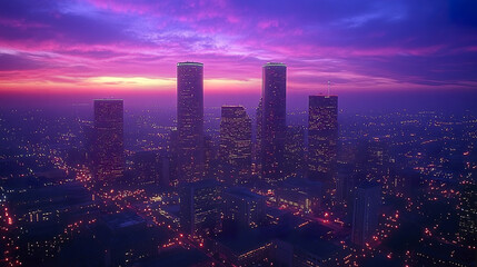 Obraz premium stunning skyline view of Houston at sunset, showcasing vibrant colors in evening sky