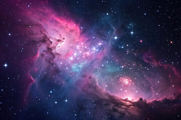 Colorful cosmos nebula gas cloud in space with stars in the background. Night sky, astronomy, wonder, wallpaper, backdrop