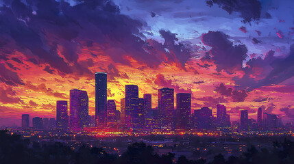 Obraz premium vibrant Houston skyline at sunset, showcasing colorful clouds and city lights