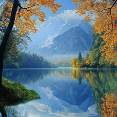 Obraz premium A serene autumn landscape with a calm lake, golden trees, and majestic mountains in the background.