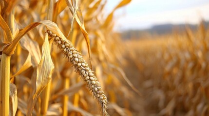 Close-up of a field of corn stalks. the stalks are golden yellow in color and appear to be ripe and ready for harvest.