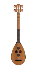 A medieval fantasy lute, front view, made of light cherry wood with four sound holes and red pegs. 3D image on transparent background. 