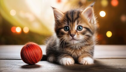 Playful AIGenerated Kitten Frolicking with a Colorful Ball Amidst Striking Abstract Backdrop, Showcasing Whimsical Elegance and Intricate Geometries.