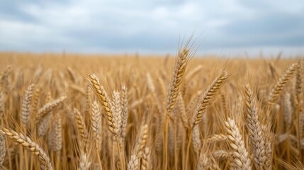Fototapeta premium Close-up of a field of ripe wheat. the wheat is golden brown in color and appears to be ready for harvest.