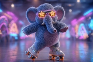 A funky elephant in disco roller skates and star-shaped goggles grooving through a neon-lit roller rink, retro vibe.