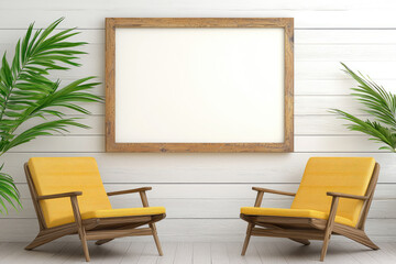 Relaxation scene with yellow chairs and blank frame stylish living room interior design modern environment front view comfort and aesthetics