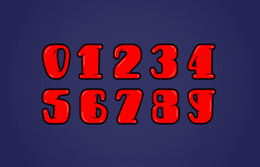 Red numbers set in the kids style, numerals 0 to 9 made in child art style, vector illustration 10EPS
