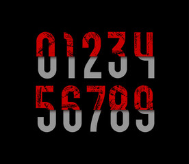 Damaged number, broken narrow numerals 0, 1, 2, 3, 4, 5, 6, 7, 8, 9 set made texture effect, vector illustration 10EPS