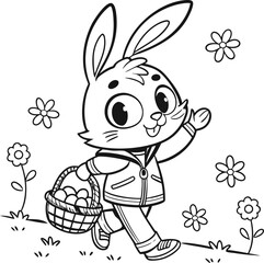 bunny painting easter egg and some flowers, coloring page ready to print on standard 8.5x11 inch paper easter bunny easy coloring page 