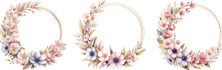 Watercolor Floral Wreath with Circular Frame, Soft Pastel Spring Floral Mix, Ethereal Leaves and Branches