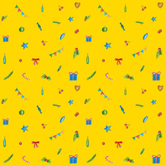 Seamless watercolor pattern. Hand drawn lollipops, Christmas tree decorations, ribbons, fir branches, candies isolated on golden background. Design for wrapping paper.