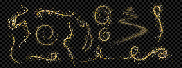 Gold glitter wave and dust elements. Shiny, glittering curves and lines for elegant invitations and greeting cards. Vector illustration. © MandarinkaArt
