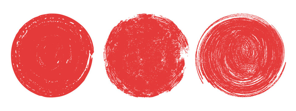 Japanese red sun brush stroke. Rough hand drawn round shape. Abstract grunge vector element.